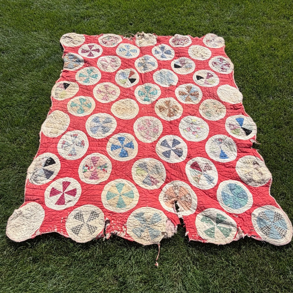 Vintage Handmade Pinwheel Quilt Red White Scrappy Patchwork Cutter Restoration